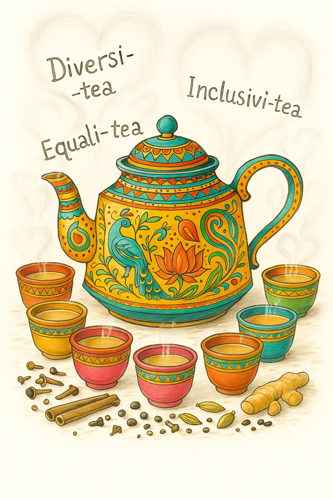 An Intricate Teapot with Indian Style Design, Surrounded by 7 multi coloured cups and whole spices. the steam forms the words Diversity, Equality and Inclusivity, punning on the word "tea".